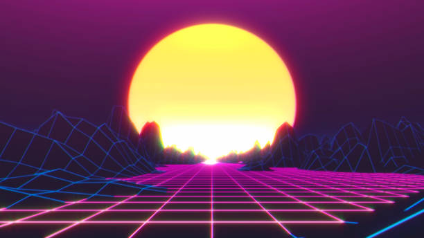 istock 80s Retro Futurism Background with a sun. 3d illustration 1168053765