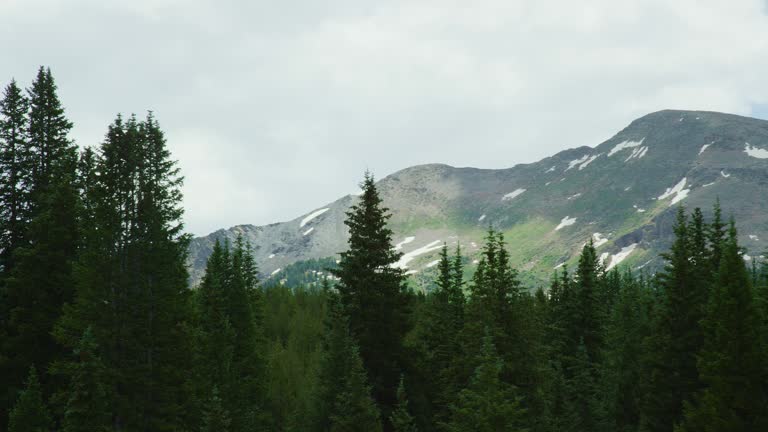 Shot from a Moving Vehicle of the San Juan Mountains in Colorado as Seen from Red Mountain Pass (Million Dollar Highway/US 550) through the Rocky Mountains in Summer on a Partly Cloudy Day