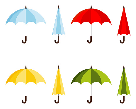 Set of colored flat design vector illustration of classic elegant opened and closed blue, red, yellow, green umbrella cane icon isolated on white background. Fashion autumn woman accessory sign.