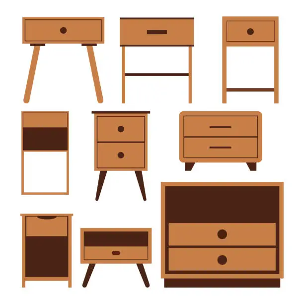 Vector illustration of Wooden nightstand bedside icons set, flat design illustration