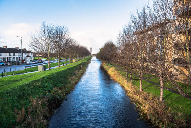 istock Canal lined with trees in a residential area 1168055652