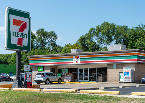 A 7-Eleven location in Madison Heights, Michigan. It is the world's largest chain of convenience stores. Headquartered in Japan, there are currently a total of 39,000 locations worldwide.