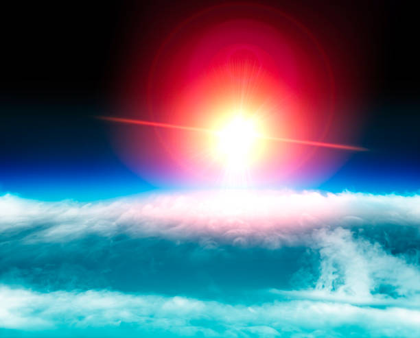 aerial view of the sun above the clouds, space stratosphere. global warming - cloud cloudscape stratosphere above imagens e fotografias de stock