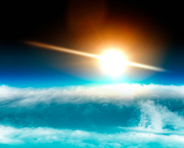 aerial view of the sun above the clouds, space stratosphere. global warming - cloud cloudscape stratosphere above imagens e fotografias de stock