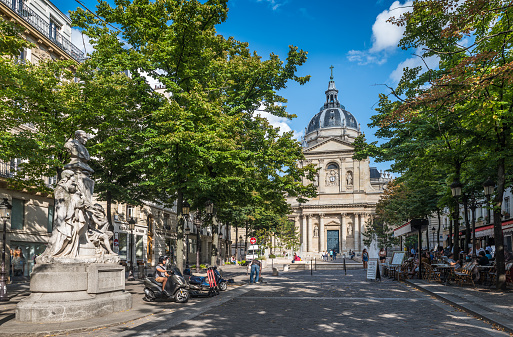 Paris, France - August 6, 2019: View of Sorbonne University square in Paris. Paris-Sorbonne University was consistently ranked as France's as well as one of the world's most prominent ones in the humanities.