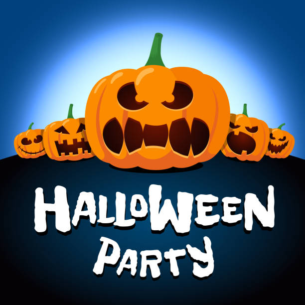 istock Happy Halloween holiday pumpkins under moonlight. Jack O Lantern party on night blurred background and inscription greeting card design template. Vector cartoon spooky invitation illustration 1168062129