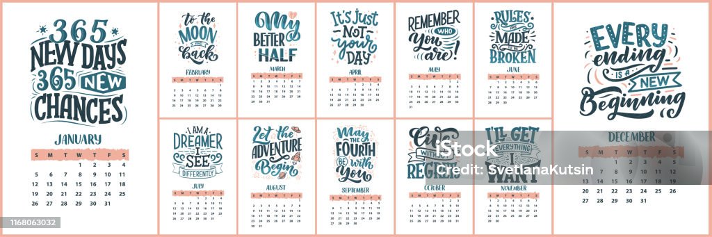 Modern Typography Lettering Compositions 2020 Calendar With Funny  Motivation Quotes Hand Drawn Illustrations Trendy Slogan Vector Graphic  Stock Illustration - Download Image Now - iStock