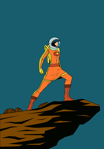 A retro style pop art illustration of a female astronaut standing on a cliff, isolated in color. Layered, easy to edit.