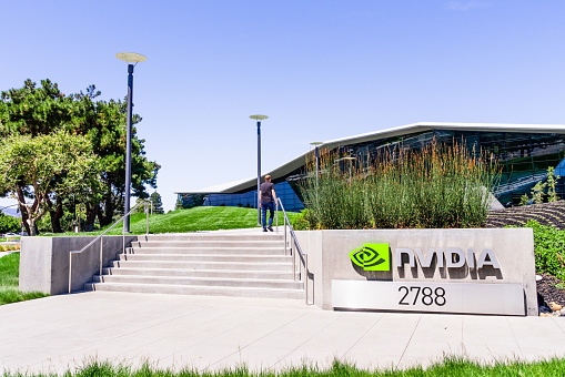 August 9, 2019 Santa Clara / CA / USA - One of the Nvidia office buildings located in the Company's campus in Silicon Valley; the NVIDIA logo and symbol displayed on the facade
