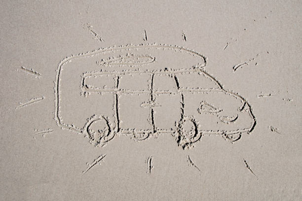 Shot from the top on the motor home vehicle drawing on the sand.