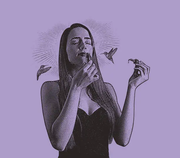 Vector illustration of Multiple Exposure of young woman smelling essential oils with hummingbirds
