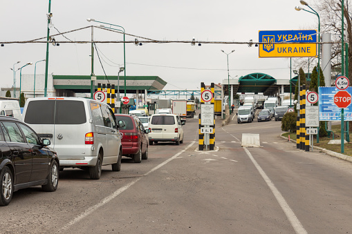 Shegini, Ukraine - March, 2019: Traffic jam at the Shegini-Medyka checkpoint at the Ukrainian-Polish border, vehicles waiting for border and customs formalities
