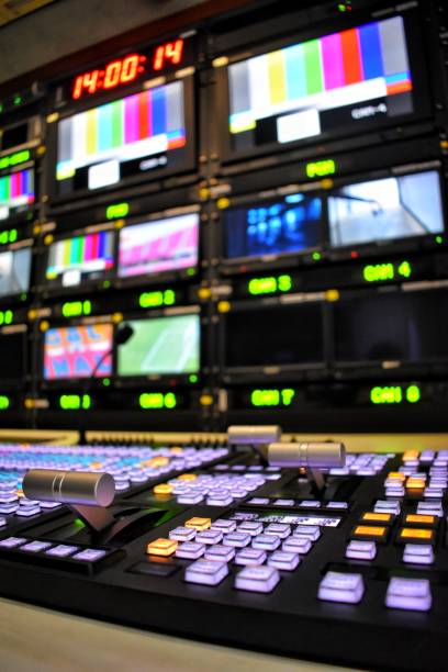 istock Equipment in outside broadcasting van. 1168086460