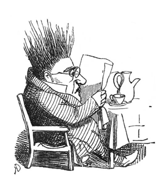 British satire comic cartoon caricatures illustrations - Man reading the morning paper with coffee - hair standing on end From Punch's Almanack punch puppet stock illustrations