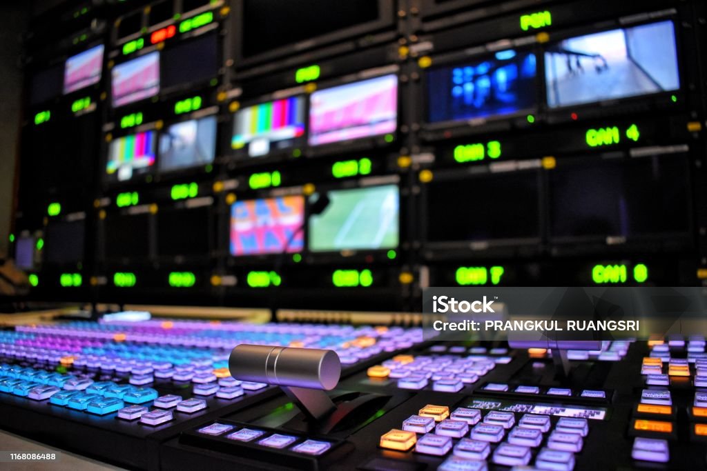 Equipment in outside broadcasting van. Equipment for producing television programs and broadcasting. Broadcasting Stock Photo