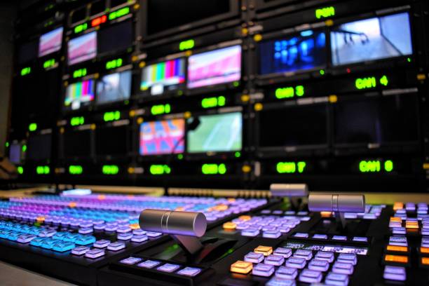 Equipment in outside broadcasting van. Equipment for producing television programs and broadcasting. control room stock pictures, royalty-free photos & images