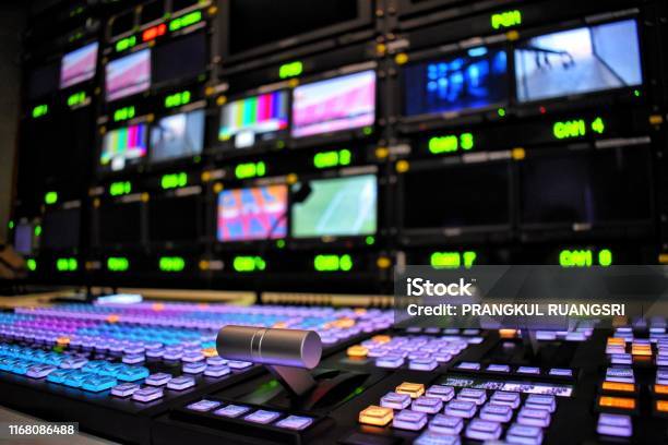 Equipment In Outside Broadcasting Van Stock Photo - Download Image Now - Broadcasting, Television Industry, Television Set