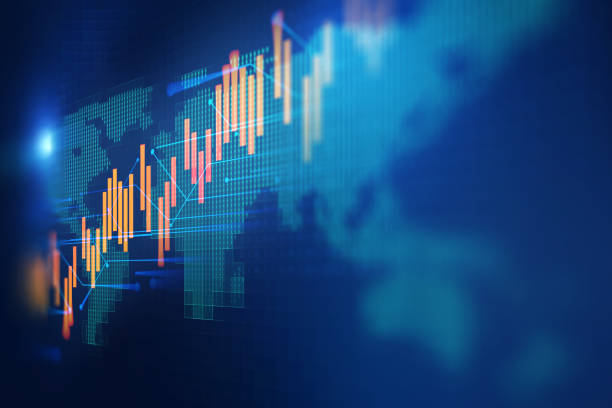 gráfico de inversión en el mercado bursátil con datos de indicador y volumen. - stock market stock ticker board stock market data finance fotografías e imágenes de stock