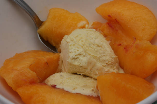 istock Vanilla ice cream served with nectarine in portions 1168095689