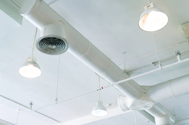 istock Air duct, automatic fire sprinkler safety system. Fire protection and detector. Fire sprinkler system. Building interior concept. Ceiling lamp light with opened light. Interior architecture concept. 1168098304