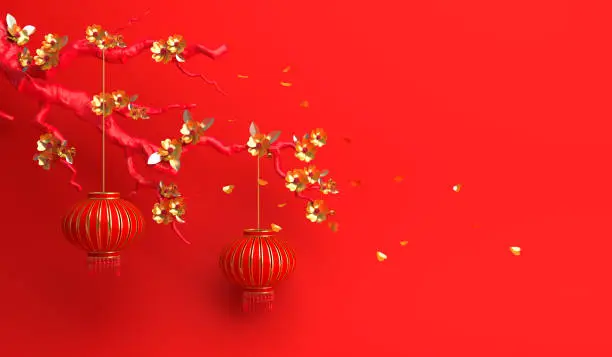 Photo of Red gold sakura flower and branch, cherry blossom, chinese lantern lampion. Design creative concept of chinese festival celebration gong xi fa cai.