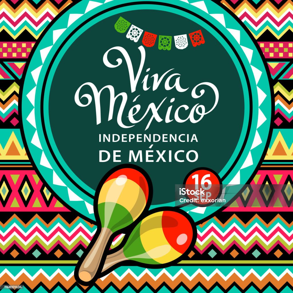 Viva Mexico Independence Celebration Celebrate Independence Day in Mexico with maracas and papel picado on the background of colorful folk art pattern on September 16 for the fiesta Mexico stock vector