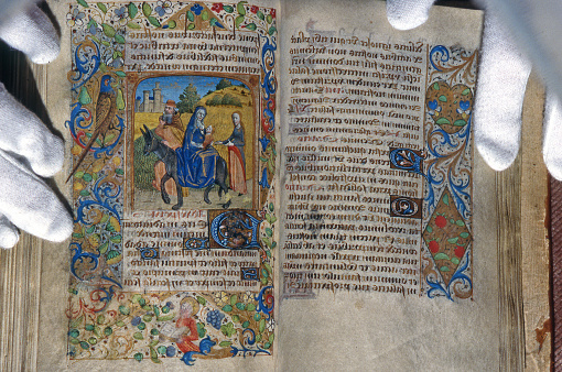 Illustration in 15th Century French Book of Hours, showing Joseph and Mary fleeing to Egypt. Photographed at the Dunedin Public Library, New Zealand and used with permission from curators of  the Reed Collection.