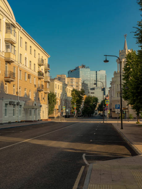 Dawn in a big city on the central streets.