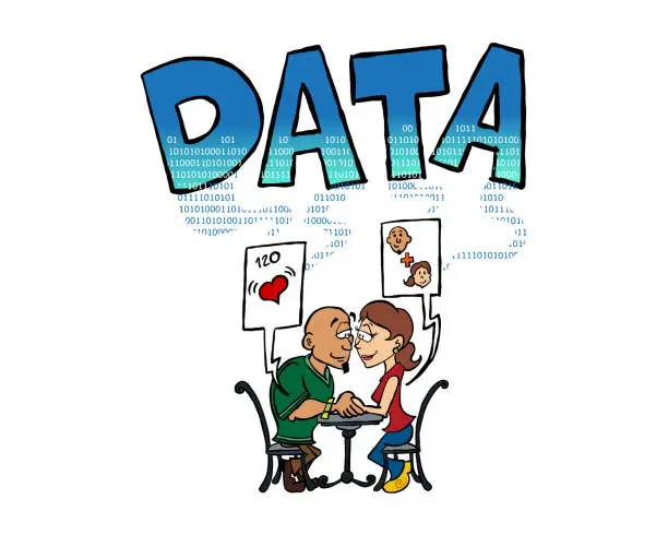 Vector illustration of Young woman in a date generating data with her relationship