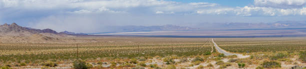 istock Panoramic view of endless desert straight road next Joshua Tree Park 1168106639