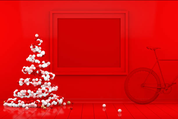 3D Minimal New Year, Christmas Concept in Red Living Room with Empty Frame