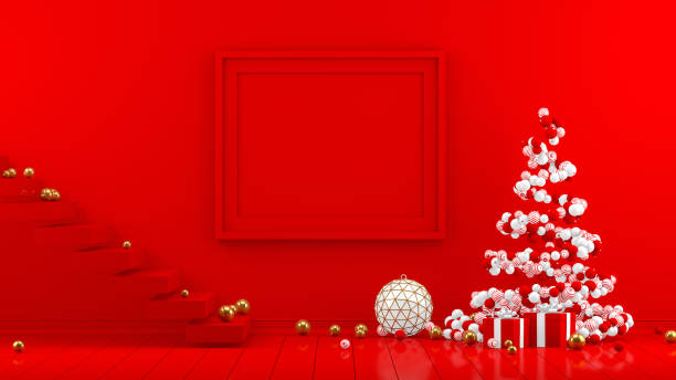 istock 3D Minimal New Year, Christmas Concept in Red Living Room with Empty Frame 1168108417