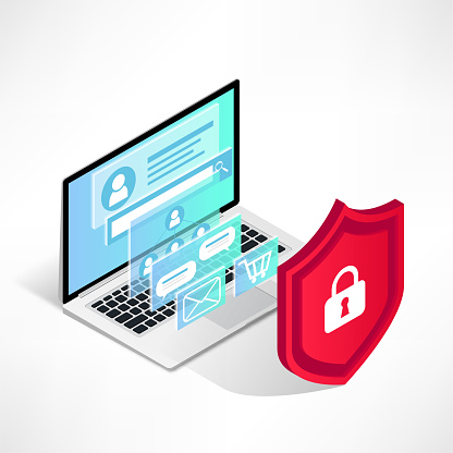 Isometric internet security concept. Data protection vector illustration with laptop, 3d screen and shield isolated on white background. Safety and confidential personal information concept
