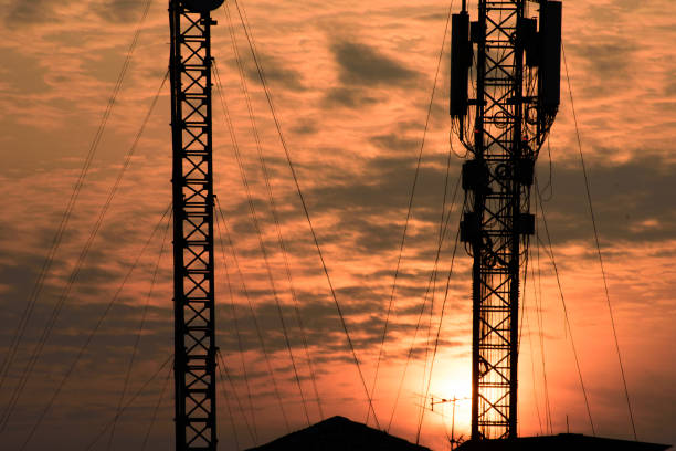istock Telecommunication tower antenna with sunset background 1168110796