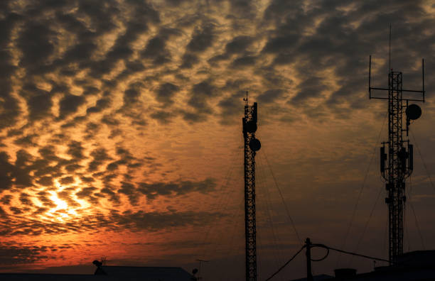 istock Telecommunication tower antenna with sunset background 1168110797