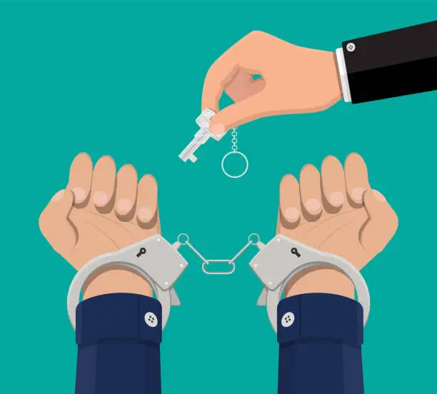 Vector illustration of Hand with key unlocking handcuffs.