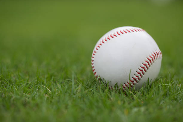 palla da baseball sul prato verde - baseball base baseball diamond field foto e immagini stock