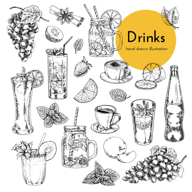 ilustraciones, imágenes clip art, dibujos animados e iconos de stock de conjunto de ilustraciones con bebidas no alcohólicas. café, limonada, cócteles, batidos. ilustraciones dibujadas a mano para la tarjeta de menú de bebidas - drinking