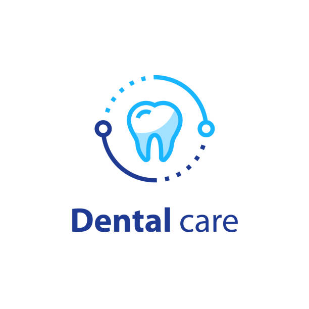 Stomatology services, dental care, prevention check up, hygiene and treatment Dental care, prevention check up, hygiene and treatment, stomatology services, vector icon set dentist logos stock illustrations