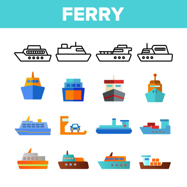 fähre, schiff und schiff vektor farbe icons set - sea freight transportation transportation shipping stock-grafiken, -clipart, -cartoons und -symbole