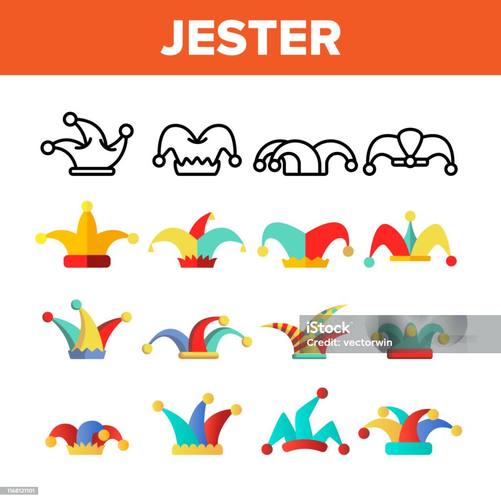 Funny Jester Hat Linear Vector Icons Set Funny Jester Hat Linear Vector Icons Set. Jester, Clown Caps with Bells Thin Line Contour Symbols Pack. Harlequin Costume Pictograms Collection. Circus, Medieval Carnival Flat Illustrations Clown stock vector