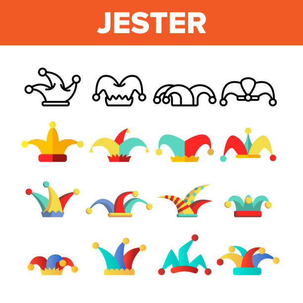 Funny Jester Hat Linear Vector Icons Set Funny Jester Hat Linear Vector Icons Set. Jester, Clown Caps with Bells Thin Line Contour Symbols Pack. Harlequin Costume Pictograms Collection. Circus, Medieval Carnival Flat Illustrations court jester stock illustrations