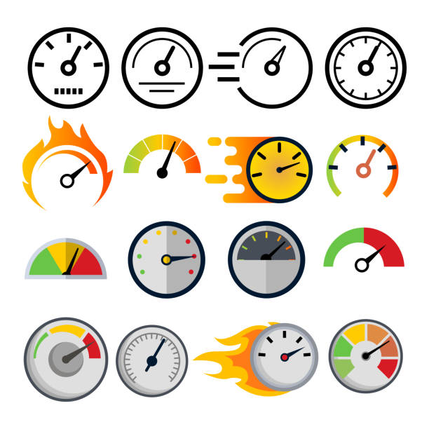 ilustrações, clipart, desenhos animados e ícones de vetor ajustado do ícone do velocímetro. símbolo da velocidade. auto poder. interface de automóvel. elemento de transporte. indicador rápido. sinal do quilômetro do progresso da medida. linha, ilustração plana - velocímetro