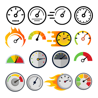 Speedometer Icon Set Vector. Speed Symbol. Auto Power. Automobile Interface. Transportation Element. Fast Indicator. Measure Progress Km. Line, Flat Illustration