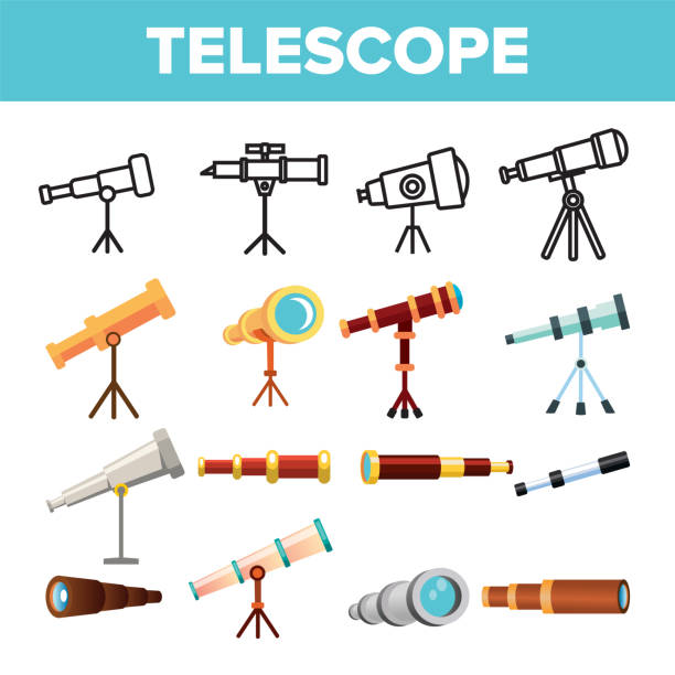 ilustraciones, imágenes clip art, dibujos animados e iconos de stock de vector de conjunto de icono del telescopio. spyglass discover tool. instrumento de magnificación de la ciencia de la astronomía. universo de aprendizaje. lente de observación planetario. línea, ilustración plana - telescopio