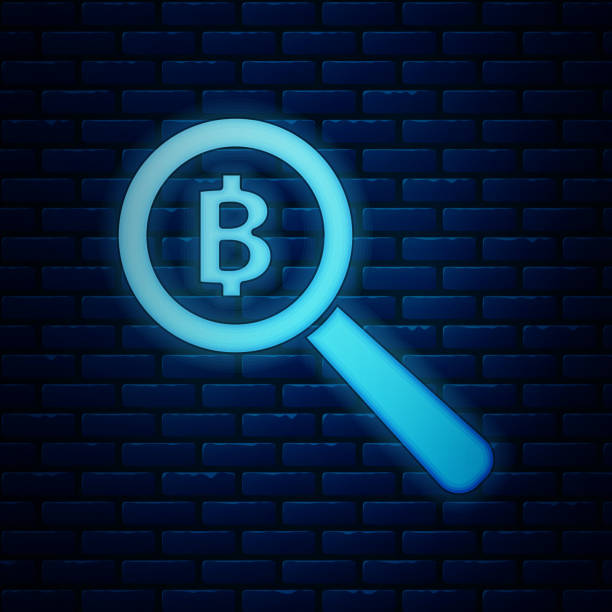 istock Glowing neon Magnifying glass with Bitcoin icon isolated on brick wall background. Physical bit coin. Blockchain based secure crypto currency.  Vector Illustration 1168121463