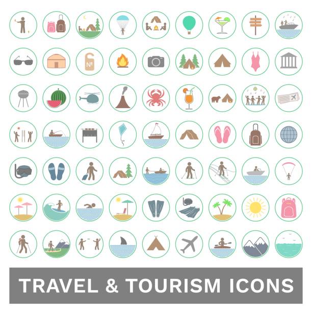 ilustrações de stock, clip art, desenhos animados e ícones de tourism and travel icon set. vector - bonfire beach fire barbecue