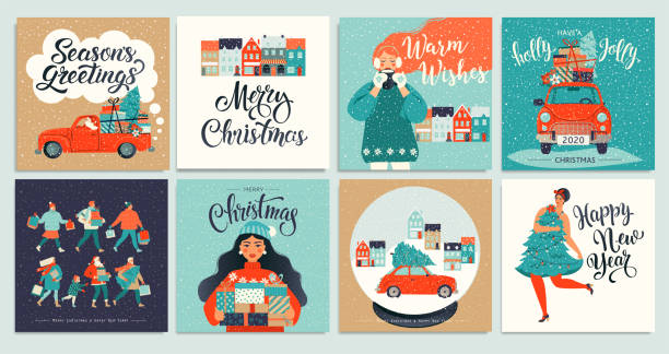 크리스마스와 새해 템플릿 은 인사말 스크랩북, 축하, 초대장, 태그, 스티커, 엽서에 대한 설정. - 새해 일러스트 stock illustrations