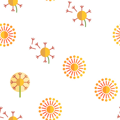 Dandelion, Spring Flower Vector Thin Line Icons Seamless Pattern. Dandelion, Blowball in Blossom Linear Pictograms. Yellow Blooming Flower with Delicate Fluffy Seeds and Pollen Collection