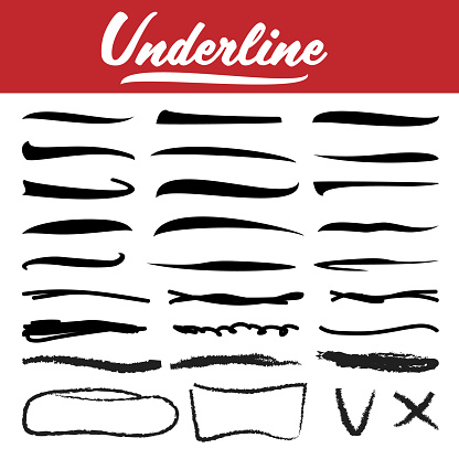 Underline Stroke Set Vector. Hand Drawn Marker Line. Pen Brush. Sketch Design. Graphic Doodle. Handwtitten Mark. Vintage Ink. Illustration